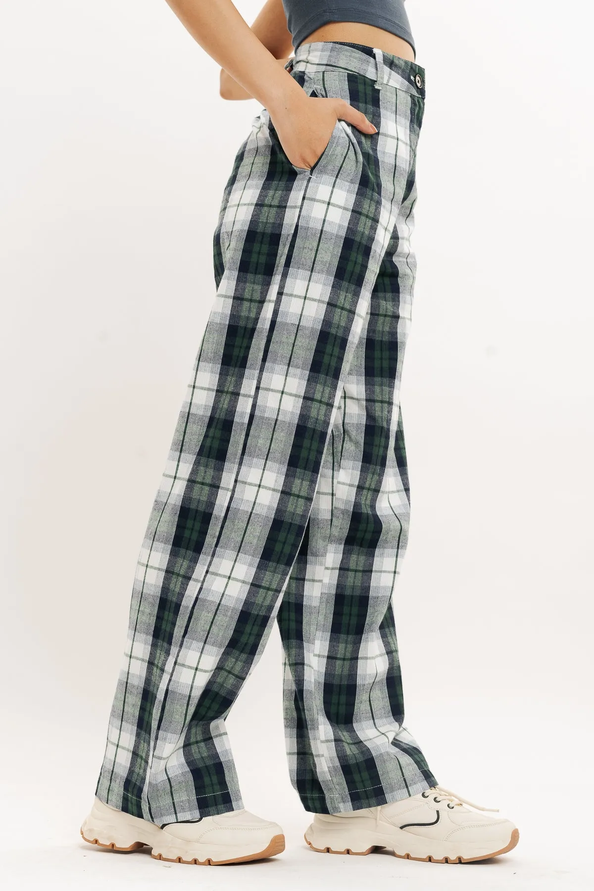Green And White Checkered Straight Fit Pant
