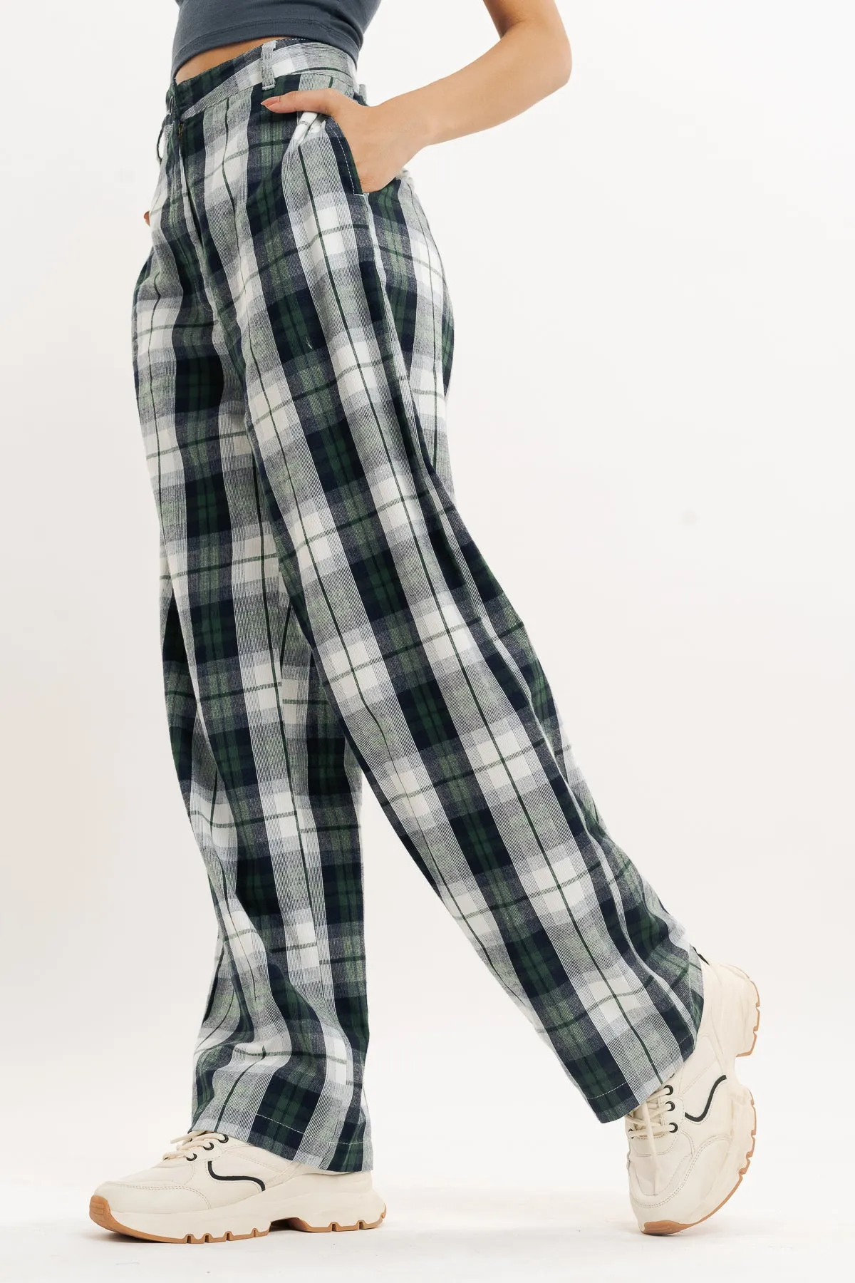 Green And White Checkered Straight Fit Pant