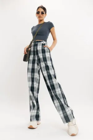 Green And White Checkered Straight Fit Pant