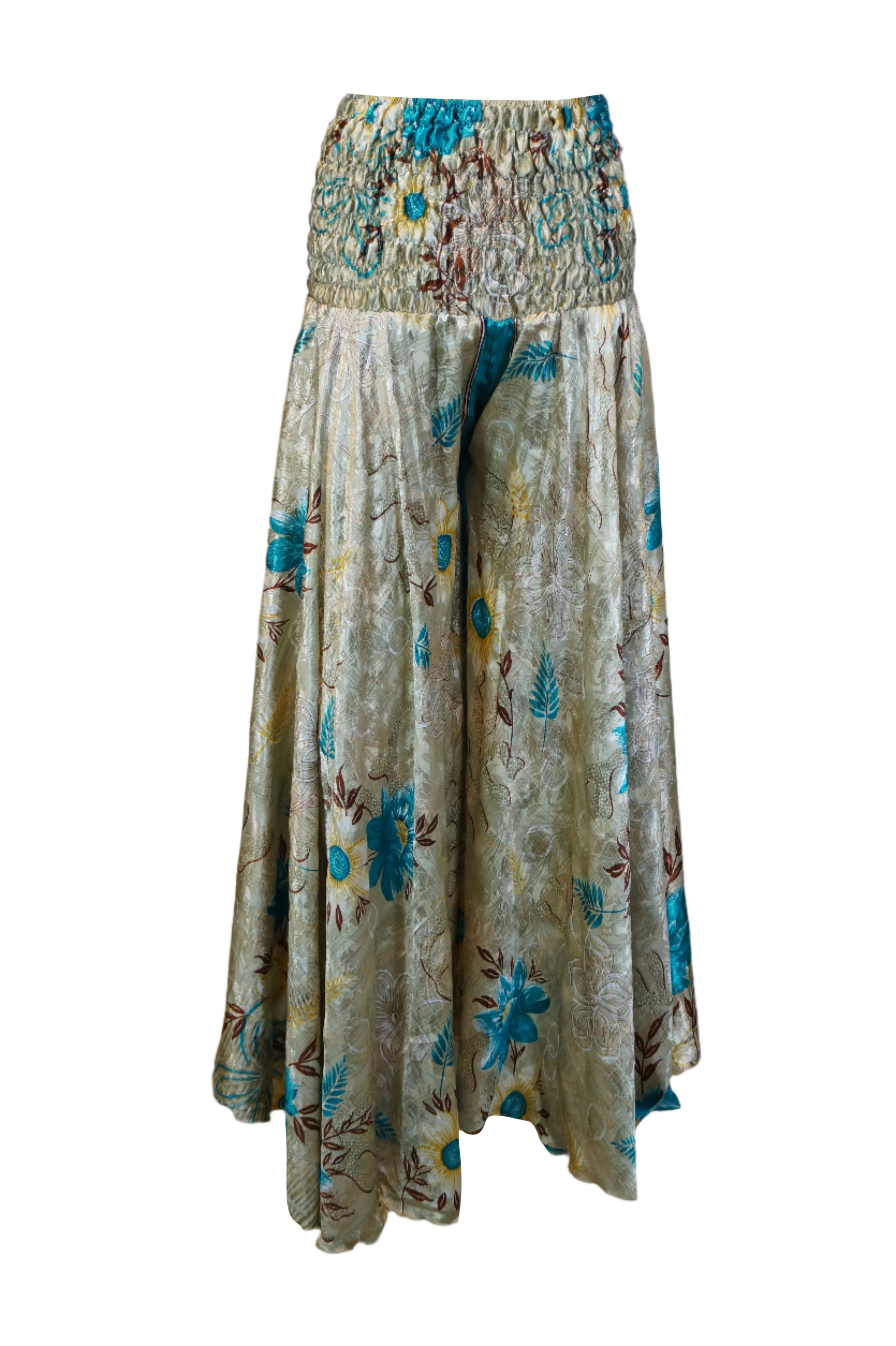 Handcrafted Bohemian Wide-Leg Palazzo Pants – Gray & Blue Floral Print SM