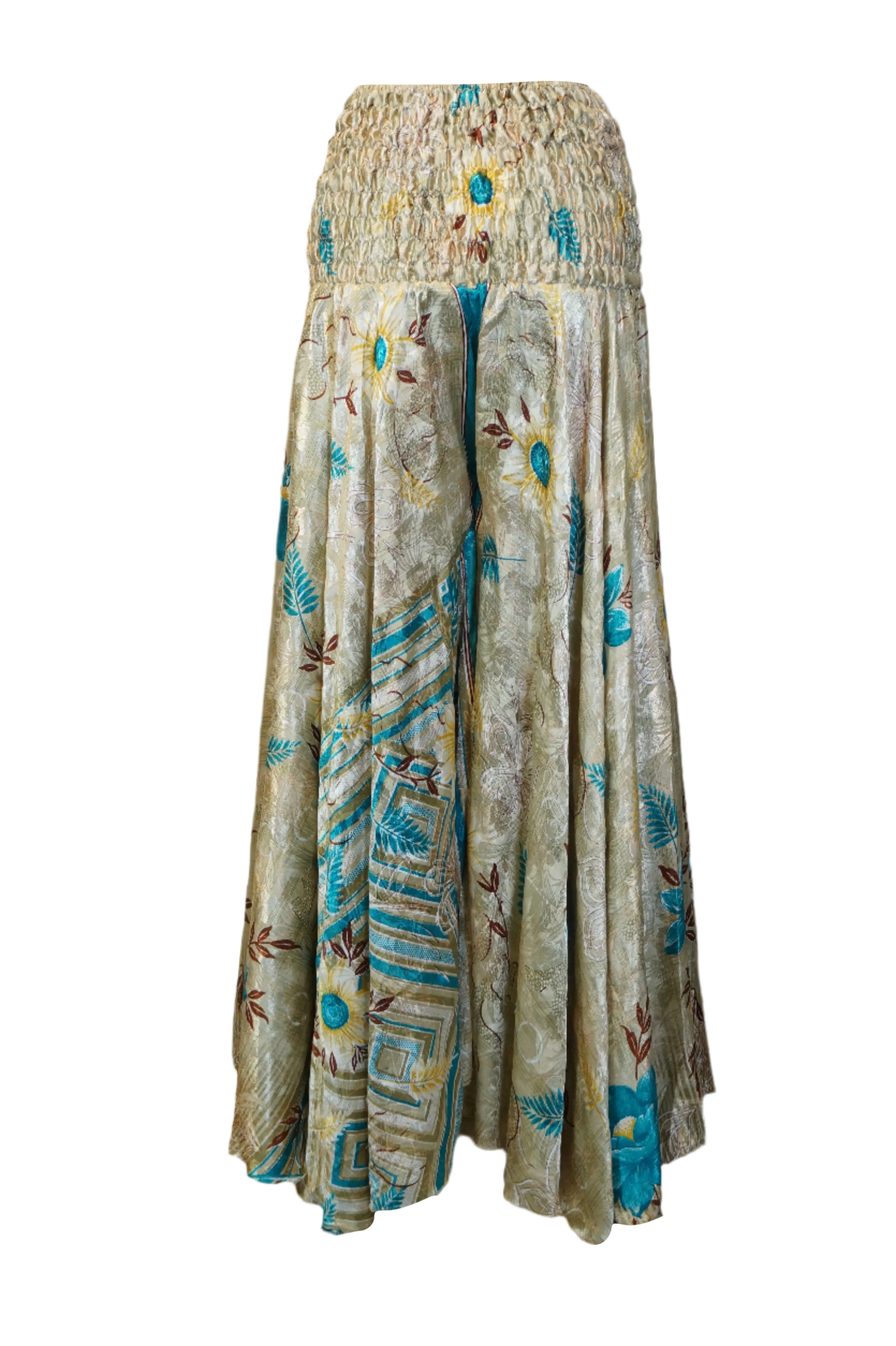 Handcrafted Bohemian Wide-Leg Palazzo Pants – Gray & Blue Floral Print SM
