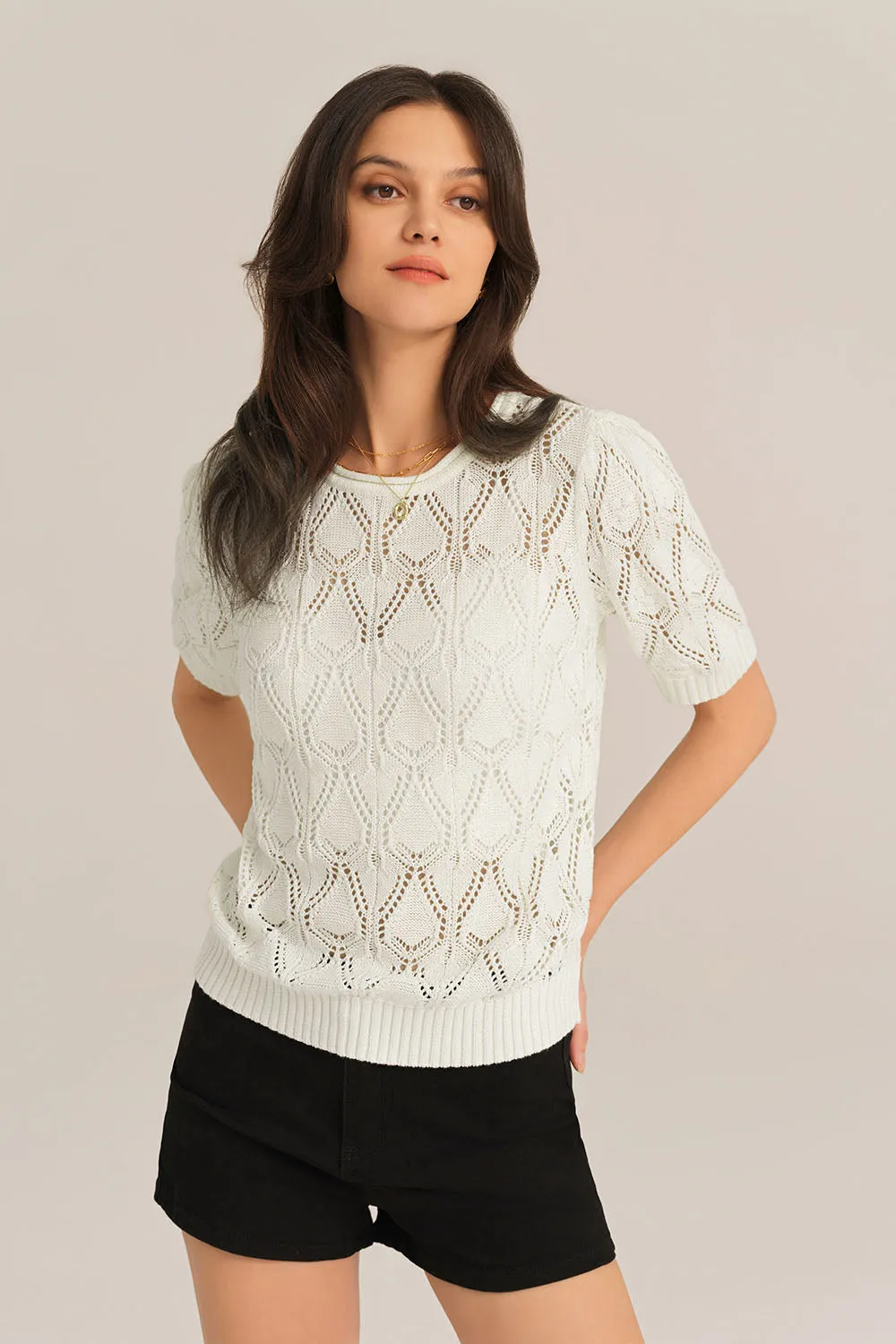 Hollowed-out Short Sleeve Crew Neck Knit Tops