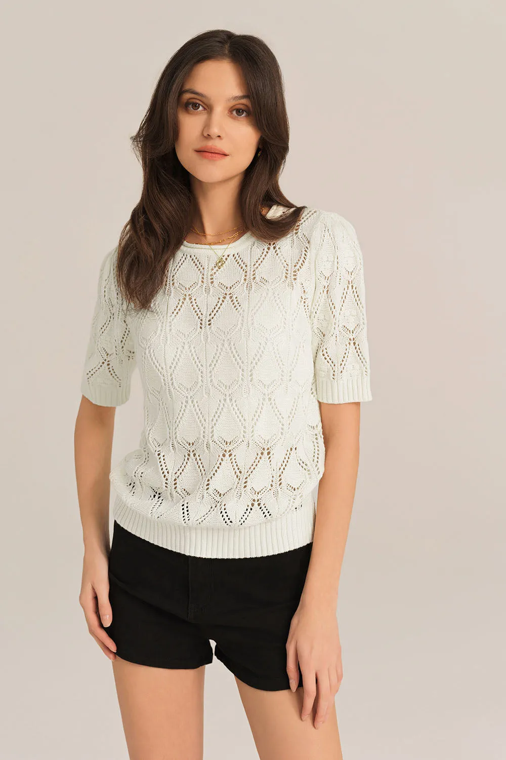 Hollowed-out Short Sleeve Crew Neck Knit Tops