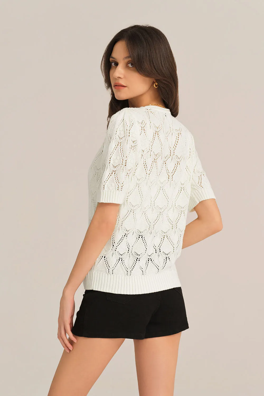 Hollowed-out Short Sleeve Crew Neck Knit Tops