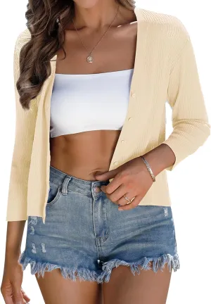 iClosam Womens Summer Lightweight Cropped Cardigans 3/4 Sleeve Knit Shrugs V Neck Button Down Cardigans Sweaters