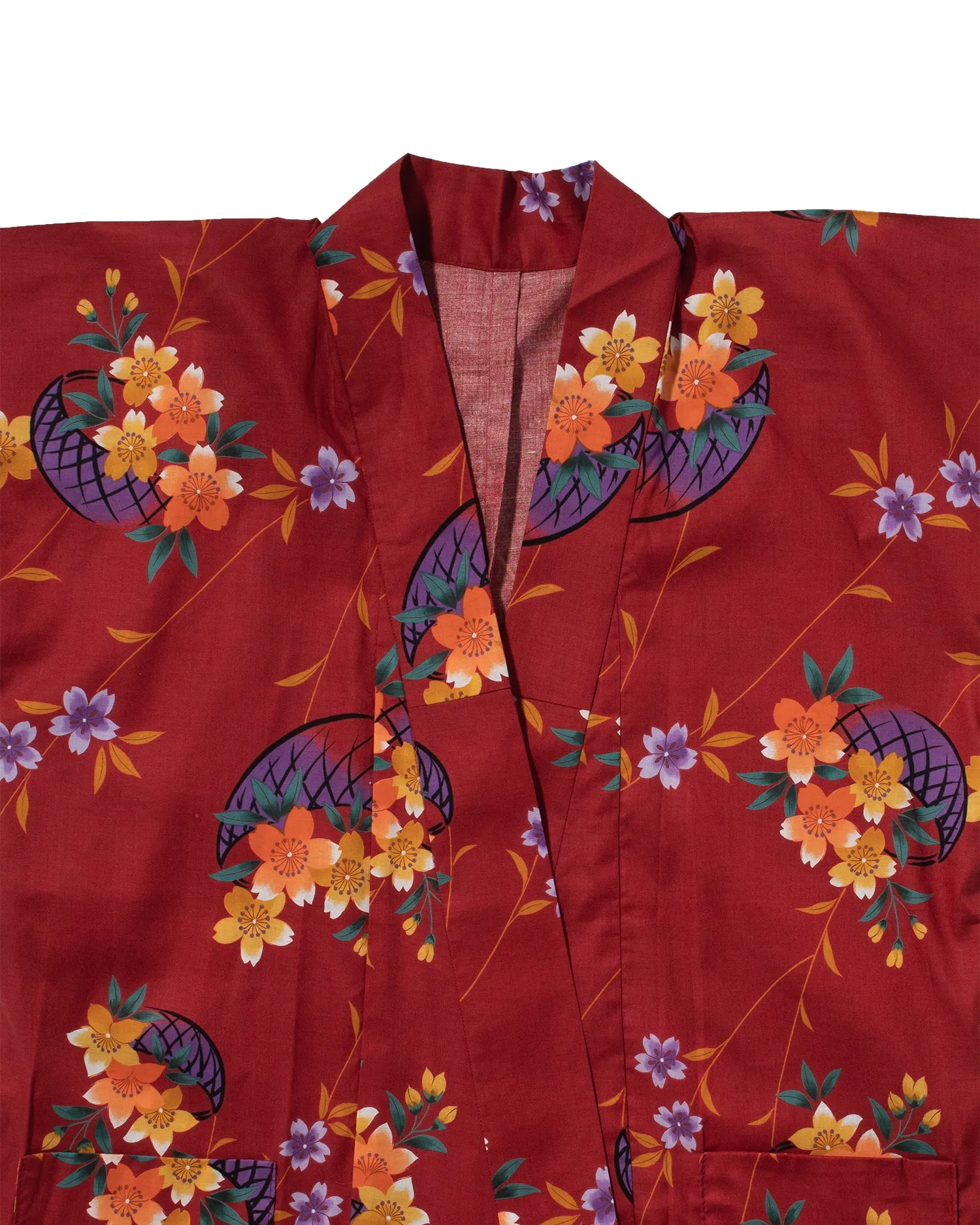 Kiriko Custom, Altered Yukata Jacket, Red with Multi color flowers and Purple Accents