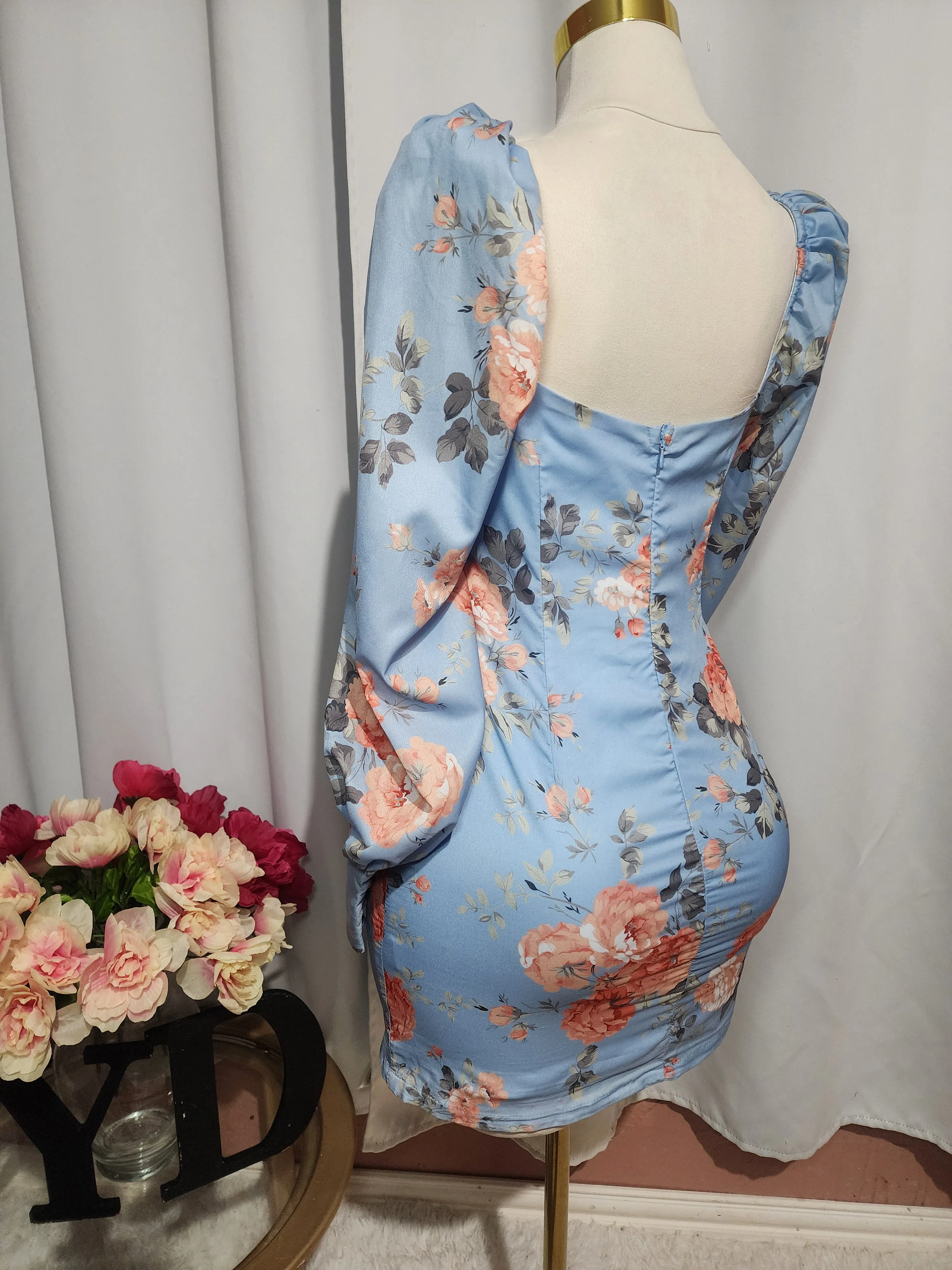 Light Blue Floral Balloon Dress