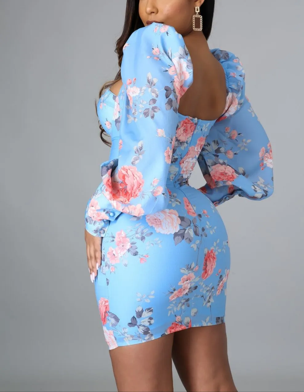 Light Blue Floral Balloon Dress