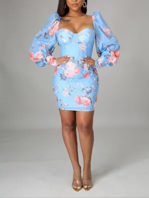 Light Blue Floral Balloon Dress