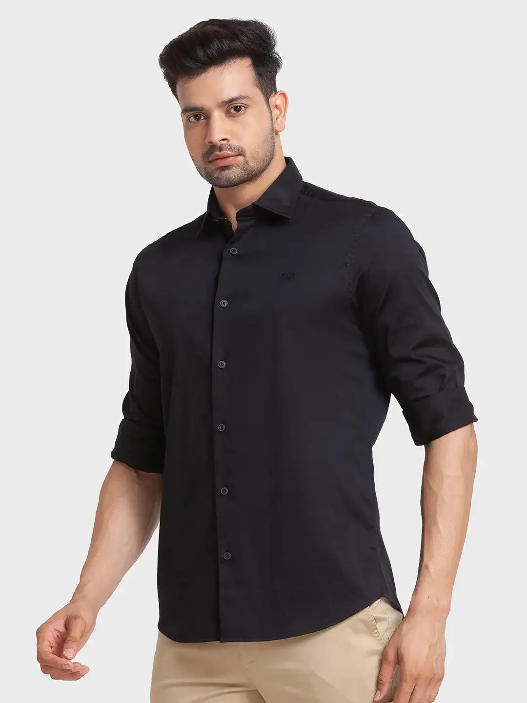 Men Black Tailored Fit Solid Cotton Blend Full Sleeve Shirts