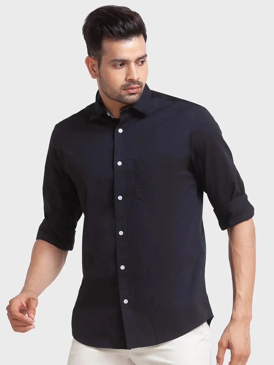 Men Black Tailored Fit Solid Cotton Full Sleeve Shirts