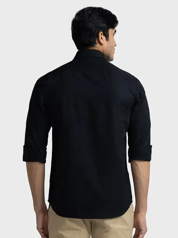 Men Black Tailored Fit Solid Piece Dyed Linen Cotton Blend Full Sleeve Shirts