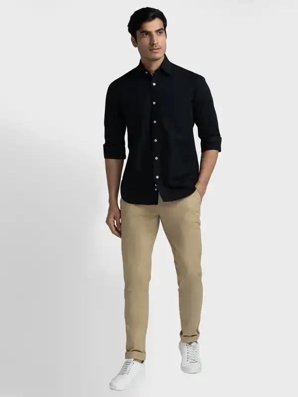 Men Black Tailored Fit Solid Piece Dyed Linen Cotton Blend Full Sleeve Shirts