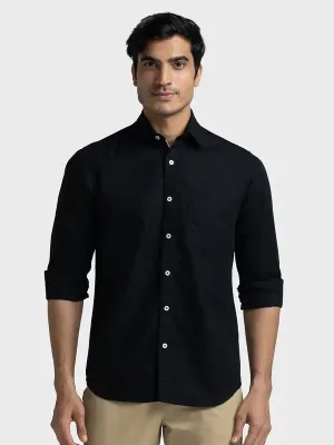 Men Black Tailored Fit Solid Piece Dyed Linen Cotton Blend Full Sleeve Shirts