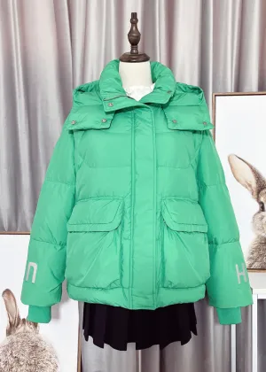 Modern Green Peter Pan Collar Zippered Button Remvable Hooded Duck Down Filled Down Coat Winter