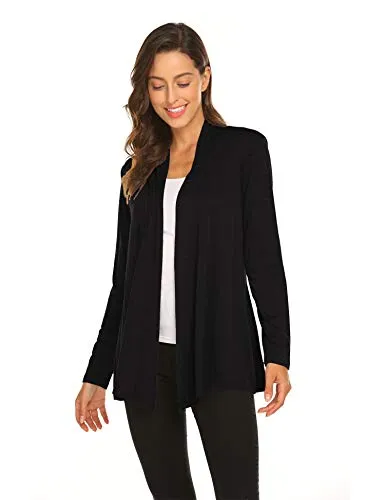 Newchoice Women's Soft Drape Lightweight Long Sleeve Cardigan Sweaters Loose Casual Fall Dusters (Black, L)