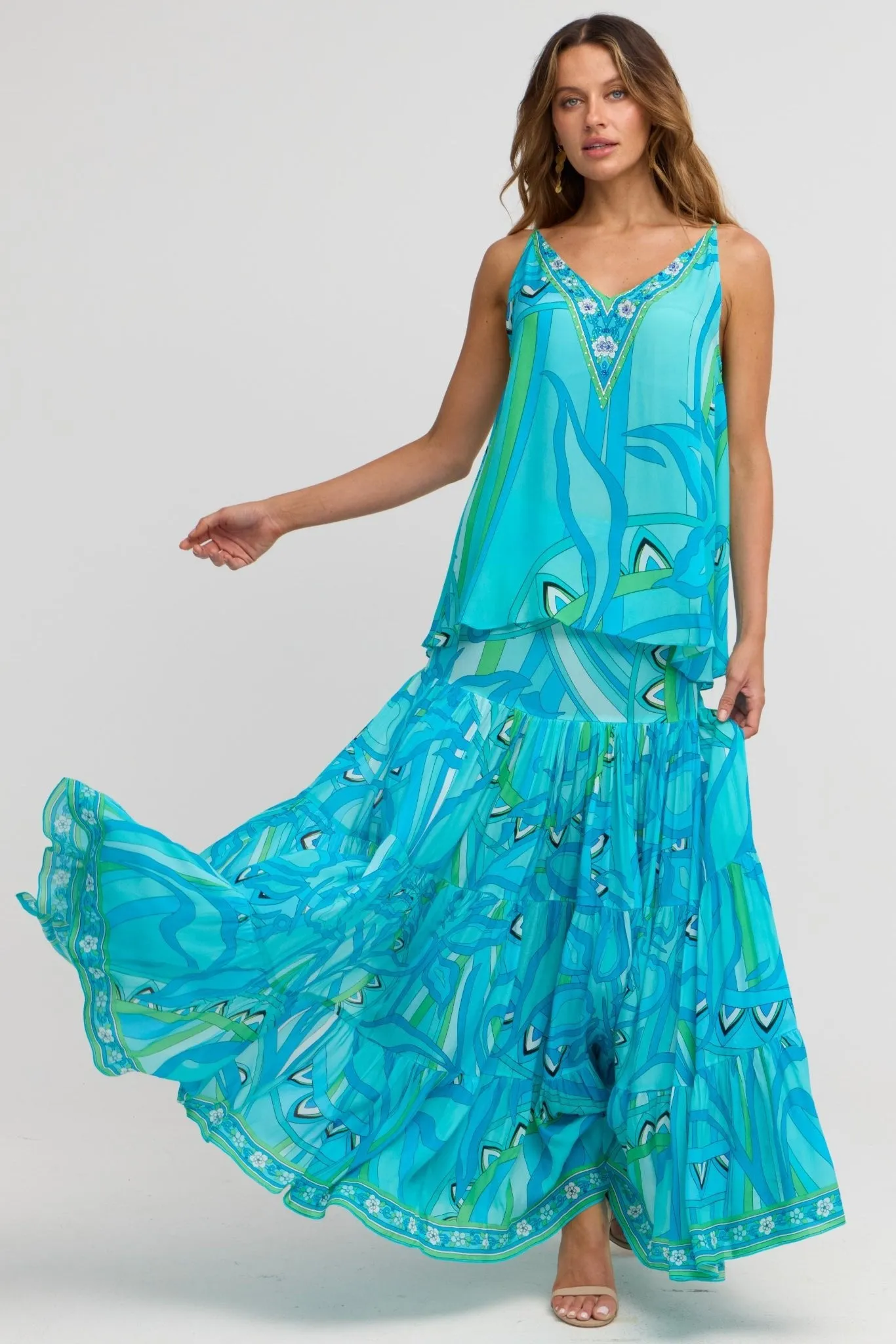 Oceanic Blues Max Skirt w Side Slit