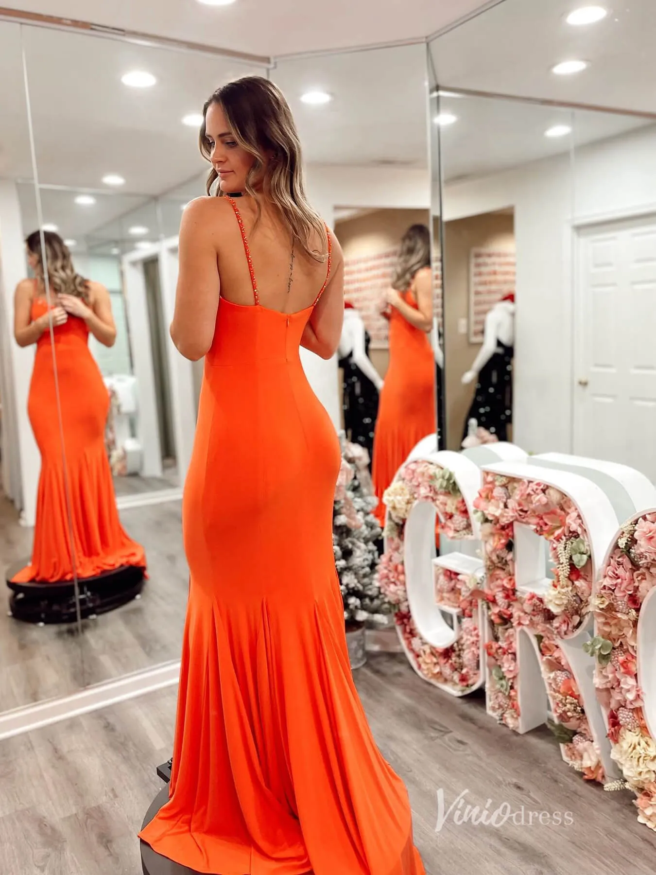 Orange Mermaid Satin Prom Dresses Spaghetti Strap Evening Dress FD3665