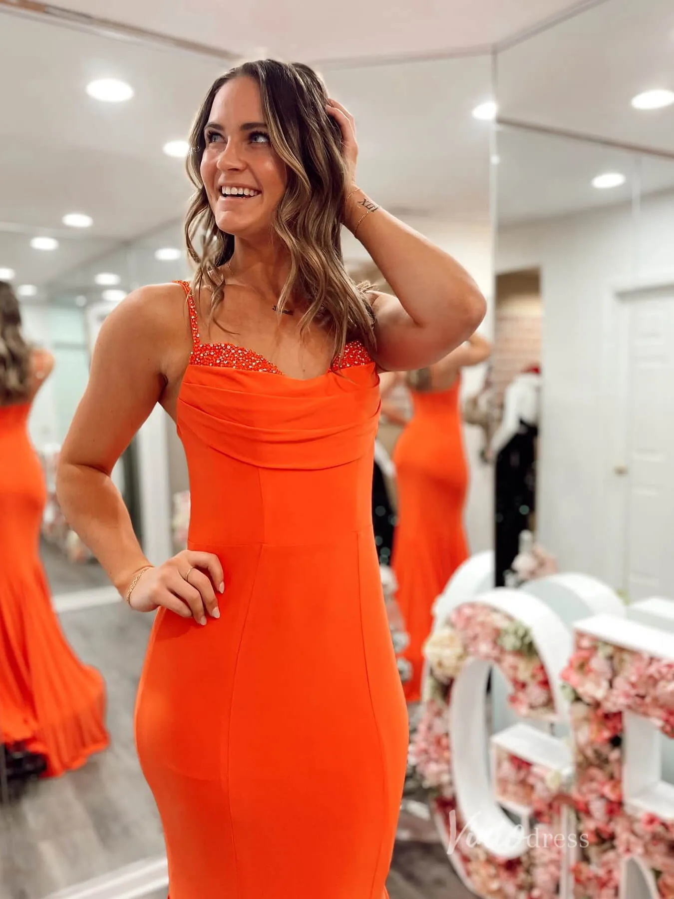 Orange Mermaid Satin Prom Dresses Spaghetti Strap Evening Dress FD3665