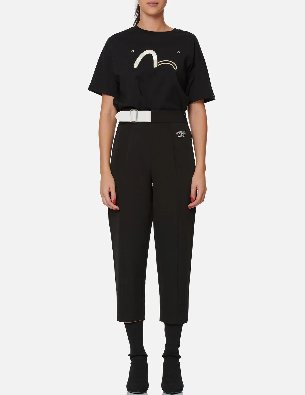 Partial Leather Buckle Belt Cropped Straight Fit Pants
