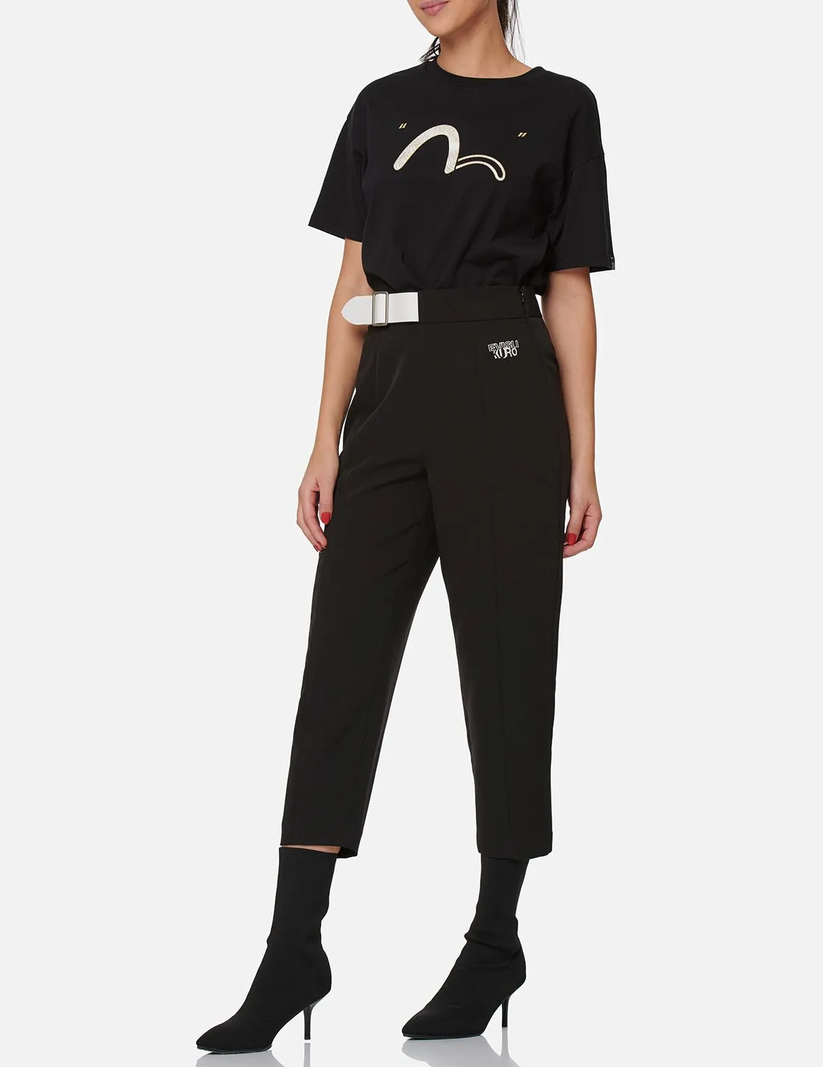 Partial Leather Buckle Belt Cropped Straight Fit Pants
