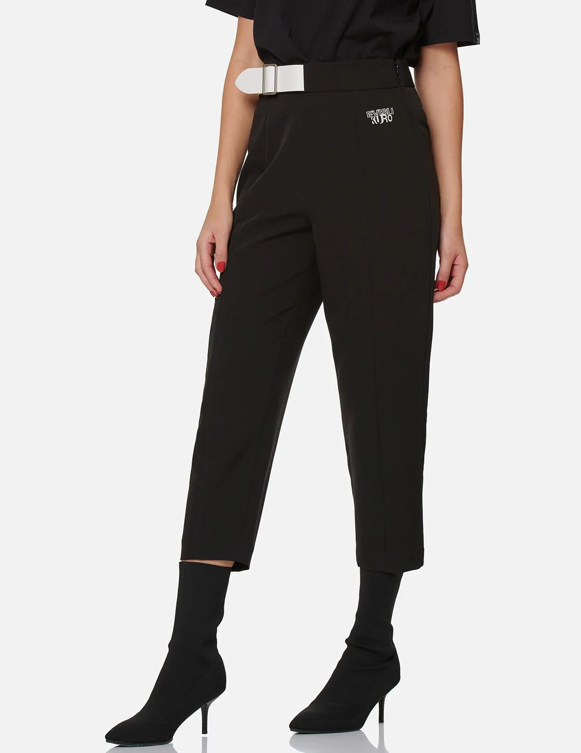 Partial Leather Buckle Belt Cropped Straight Fit Pants