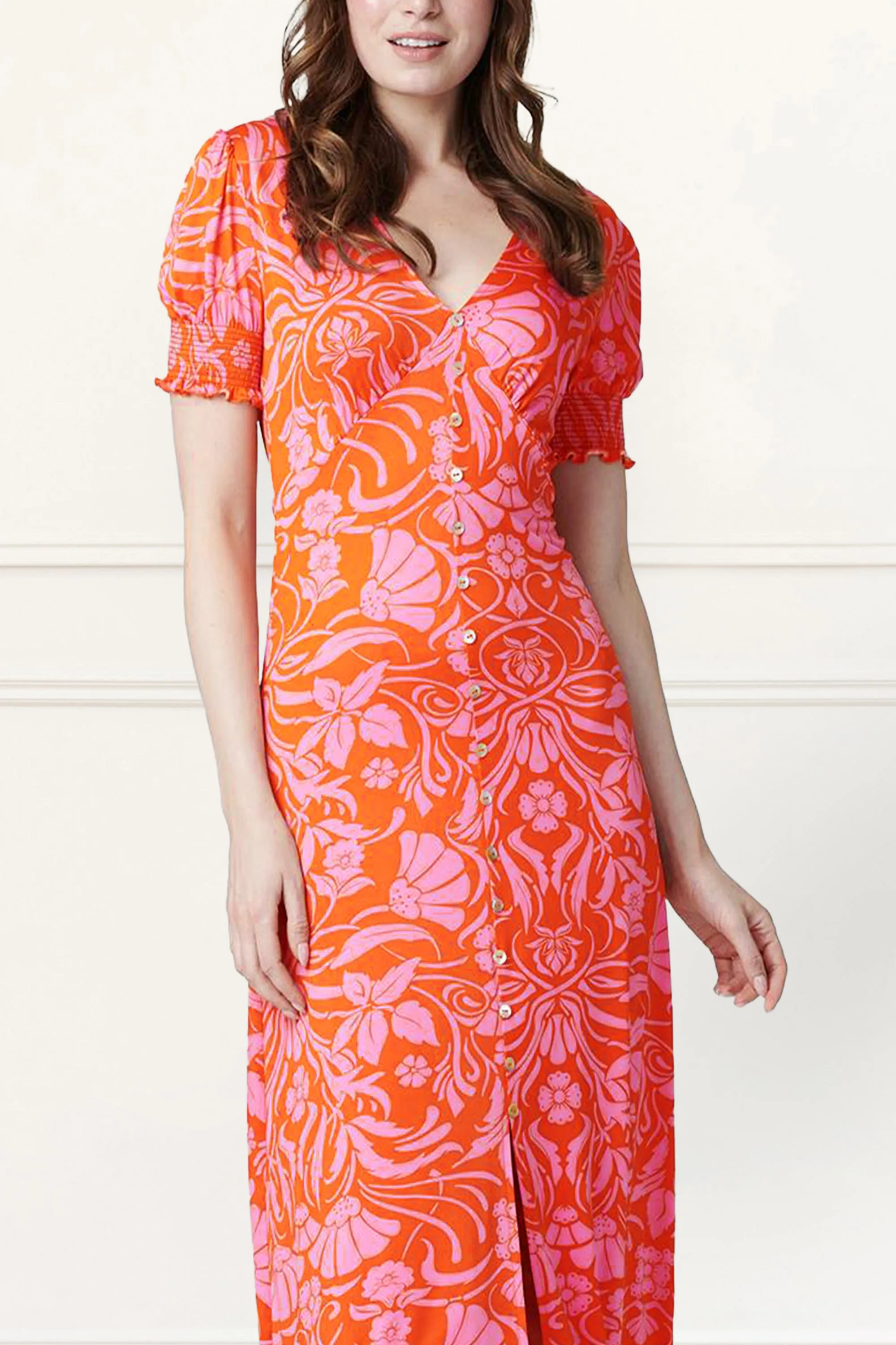 Paula Floral Print Midi Dress Short Sleeve V-Neck Slit Hem Elegant