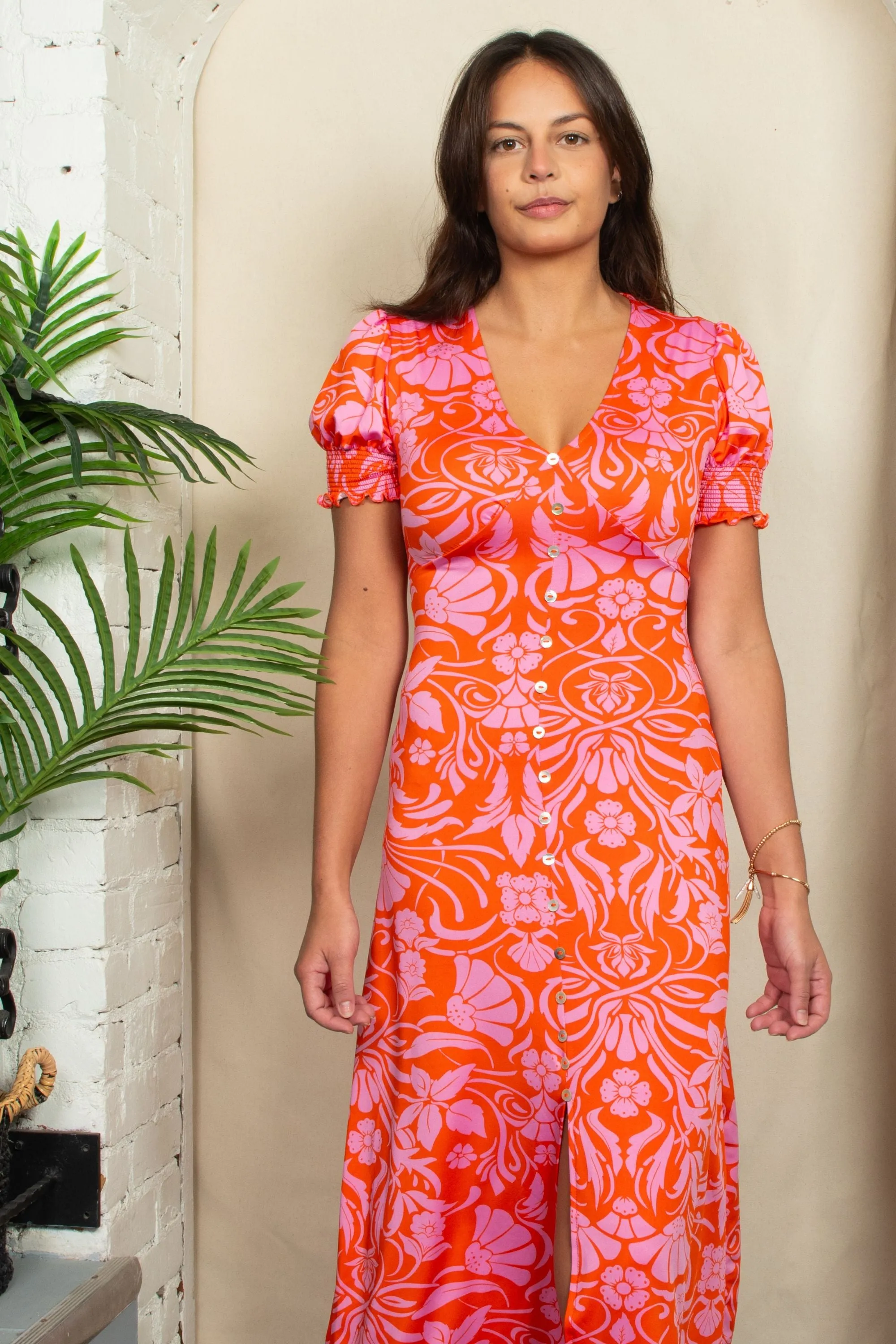Paula Floral Print Midi Dress Short Sleeve V-Neck Slit Hem Elegant