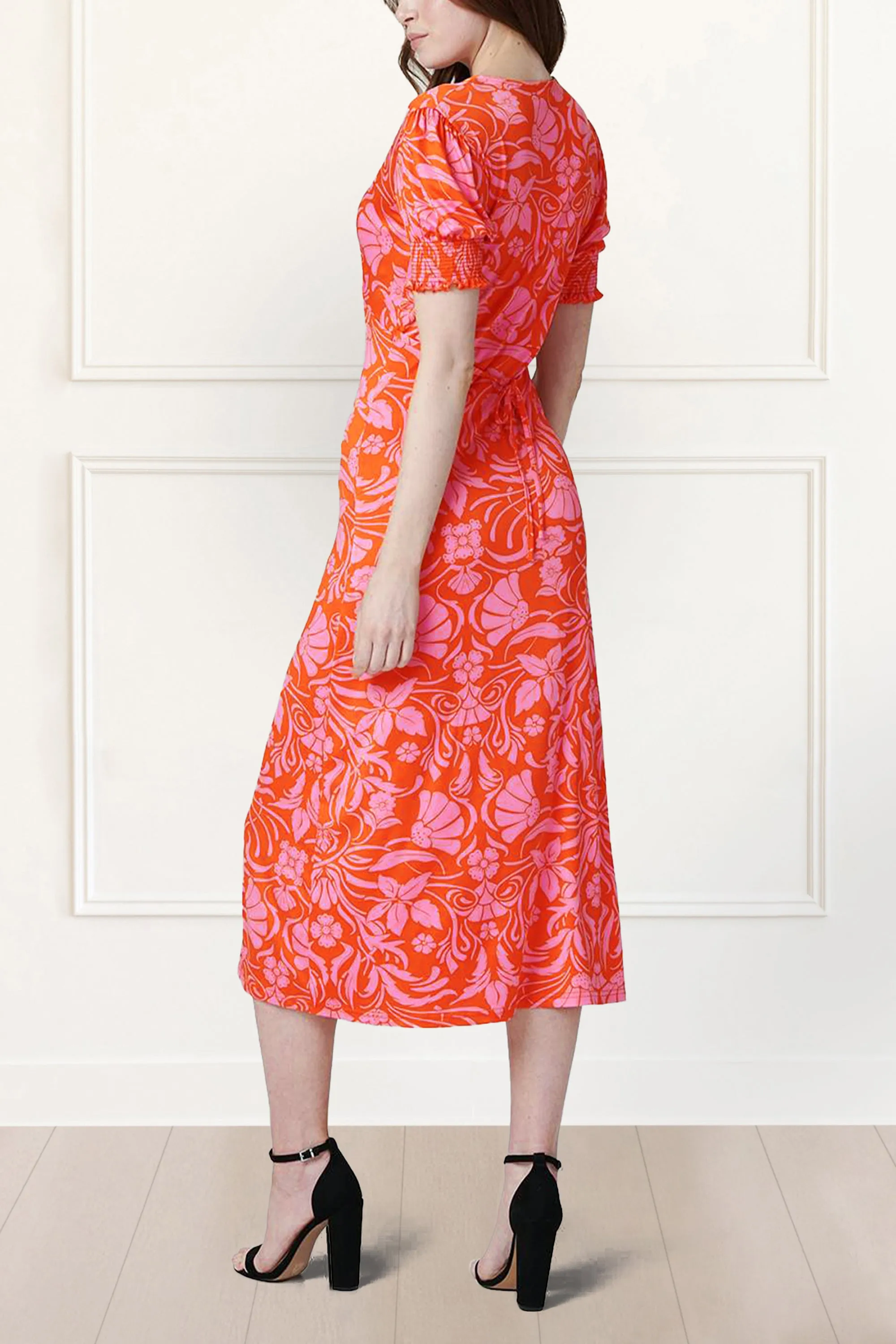 Paula Floral Print Midi Dress Short Sleeve V-Neck Slit Hem Elegant