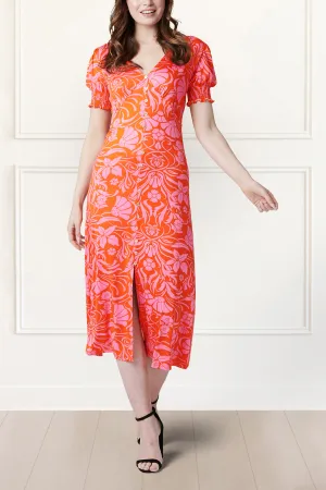 Paula Floral Print Midi Dress Short Sleeve V-Neck Slit Hem Elegant