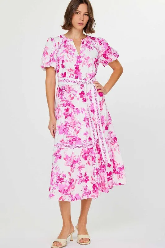 Pink Floral Dress with Contrast Belt