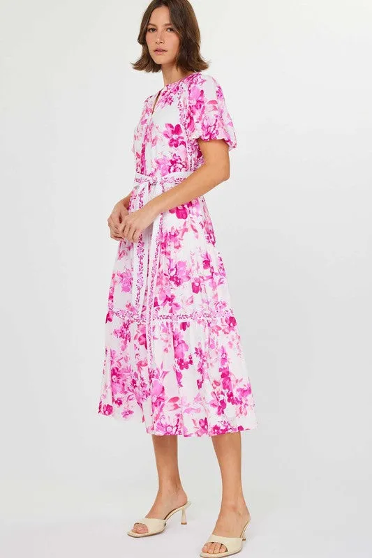 Pink Floral Dress with Contrast Belt