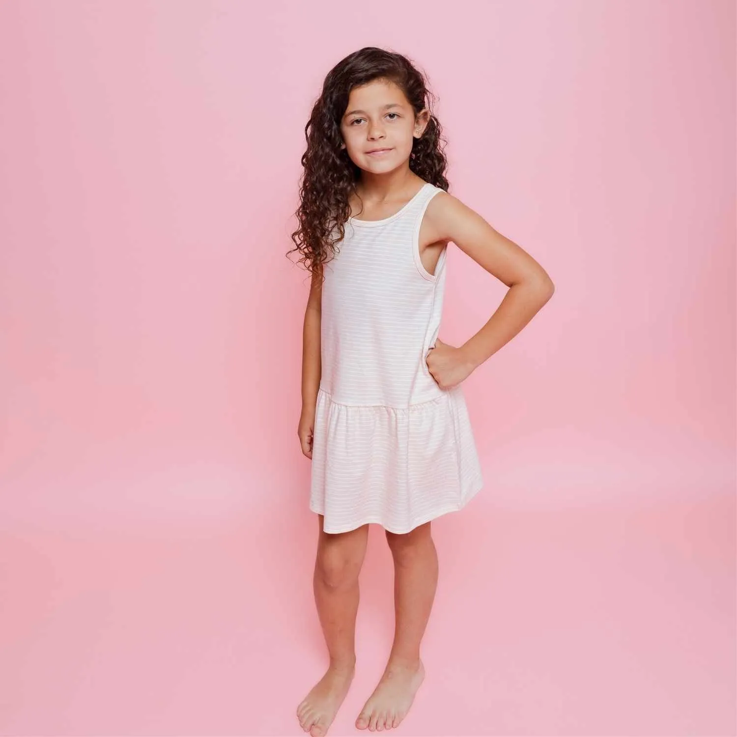 Pink Stripes Drop Waist Dress with Biker Shorts