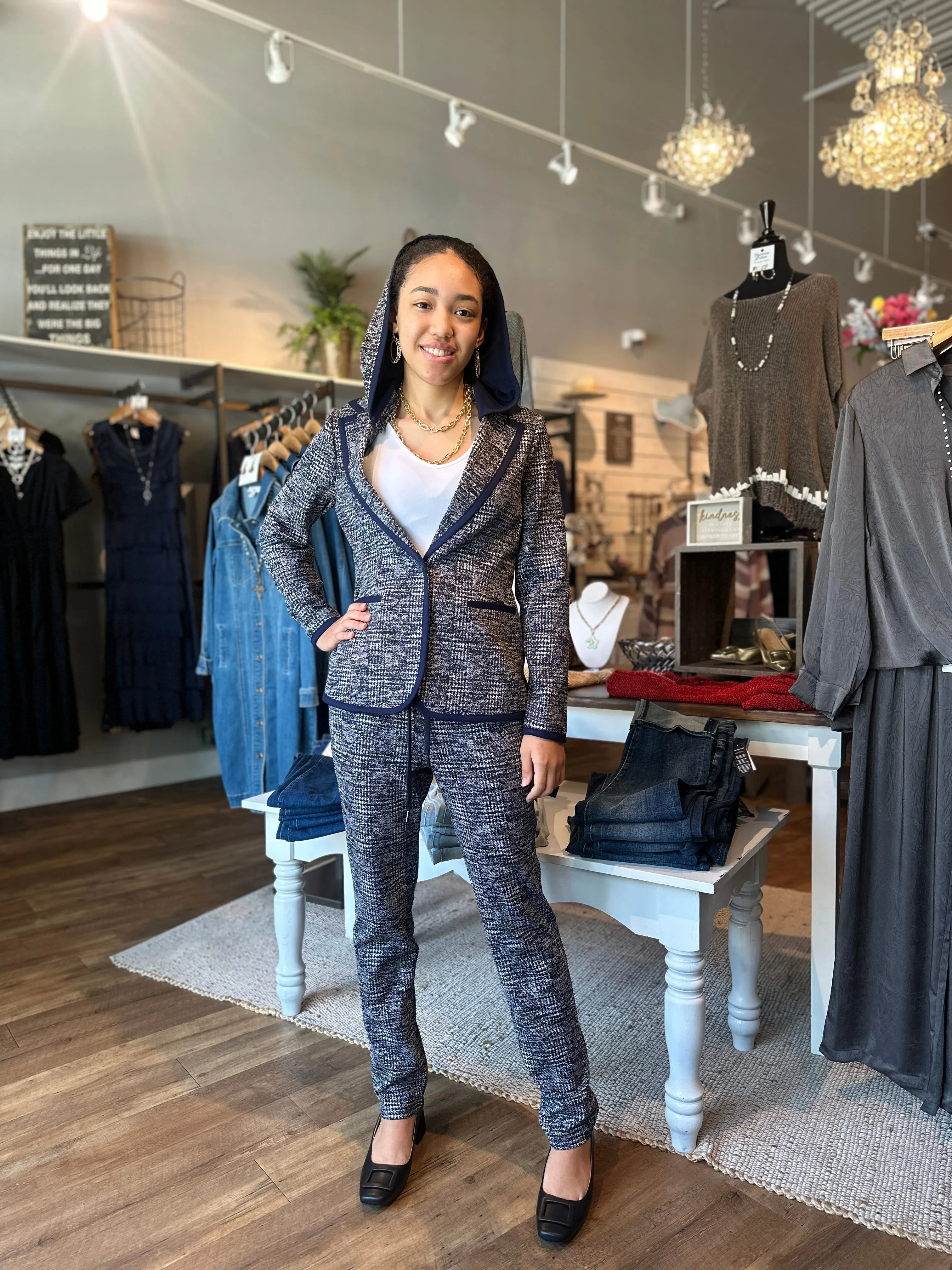Plaid Knit Blazer w/ Detachable Hood - HQ