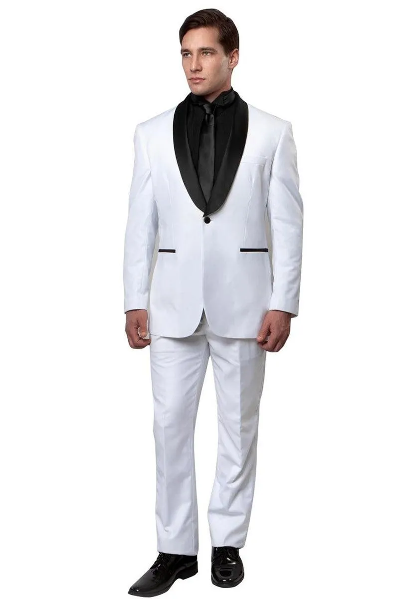 "Elegant Men's Tuxedo for Weddings and Proms: Bryan Michaels White & Black Slim Fit Classic Shawl Lapel"