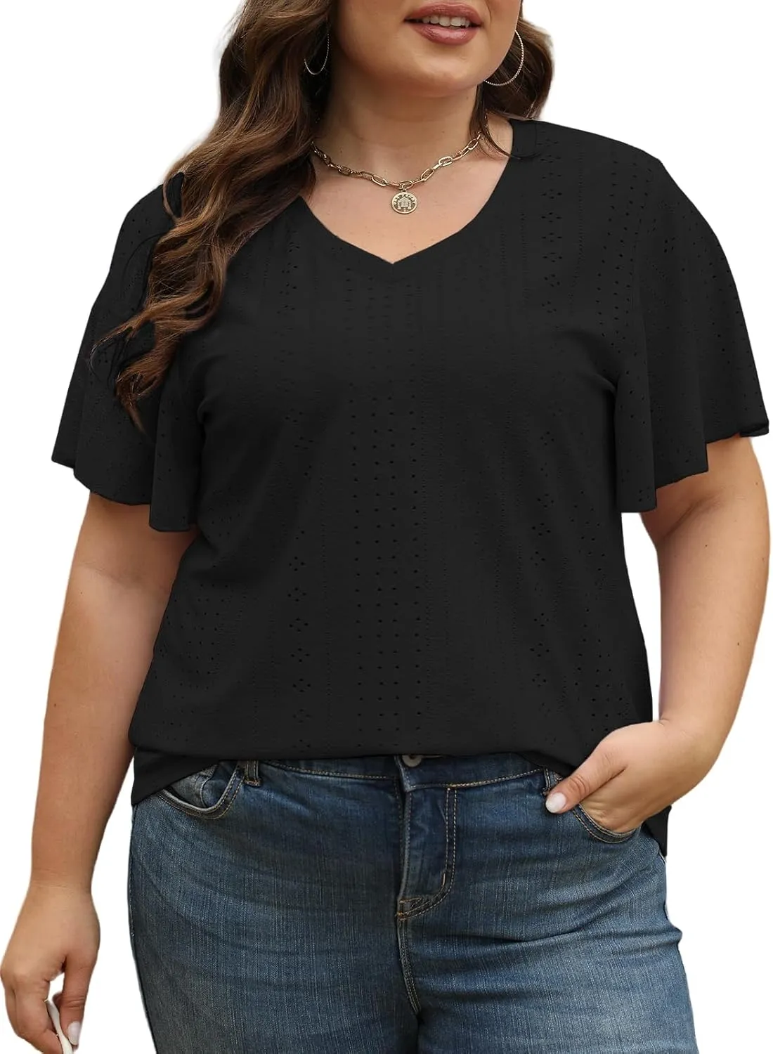 ROSRISS Plus-Size-Tops for Women Hollow Casual V Neck Loose Fit Short Sleeve Shirts