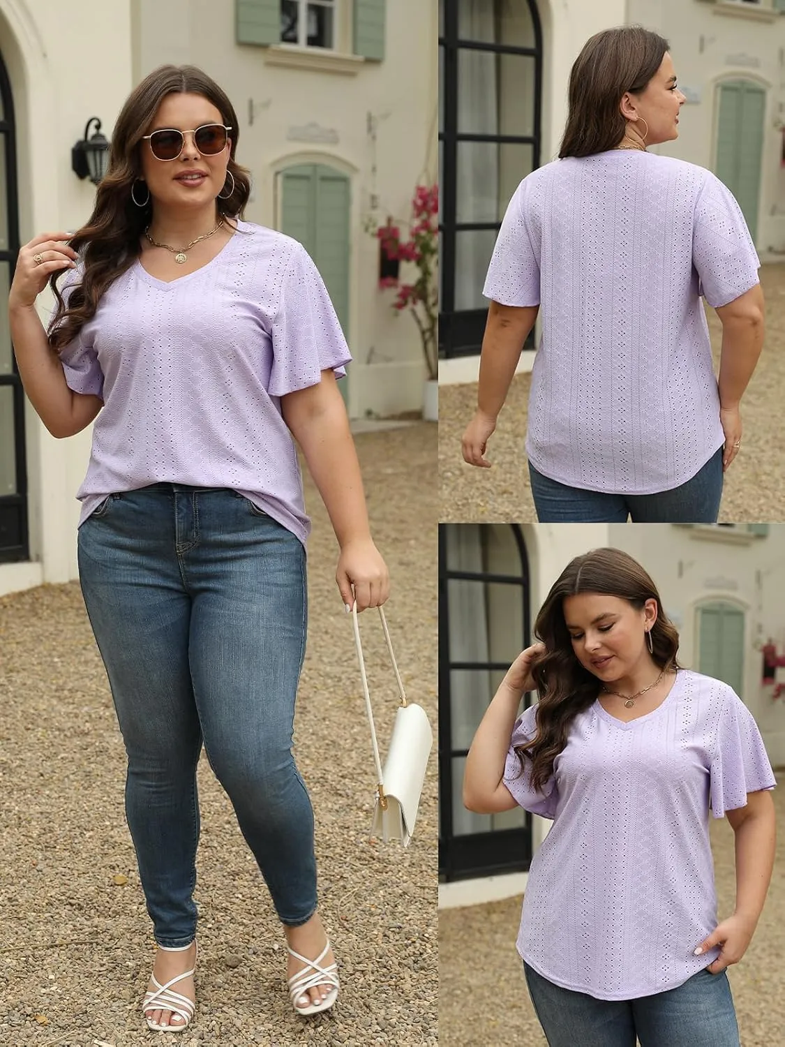ROSRISS Plus-Size-Tops for Women Hollow Casual V Neck Loose Fit Short Sleeve Shirts