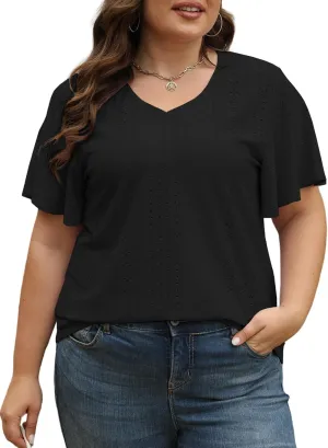 ROSRISS Plus-Size-Tops for Women Hollow Casual V Neck Loose Fit Short Sleeve Shirts