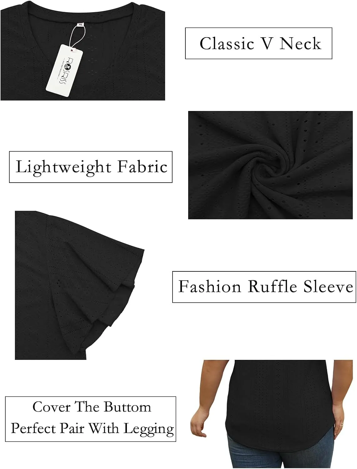 ROSRISS Plus-Size-Tops for Women Hollow Casual V Neck Loose Fit Short Sleeve Shirts