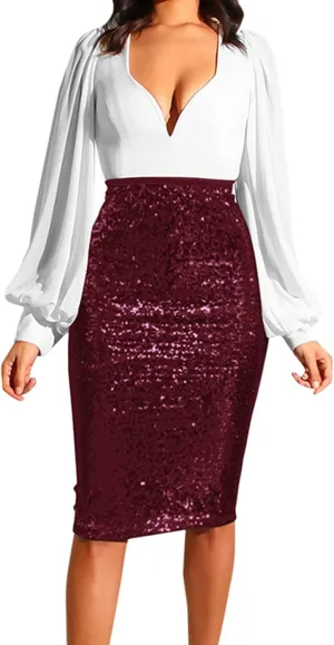 Sequin Skirts for Women Trendy Solid Color High Waist Slim Hip Midi Half Body Skirt Party Pencil Skirt Clothes 11