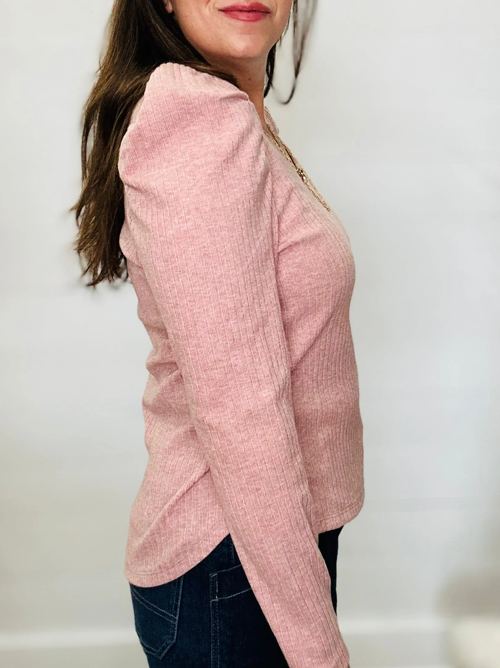 Soft Ribbed Puff-Sleeve Sweater in Blush