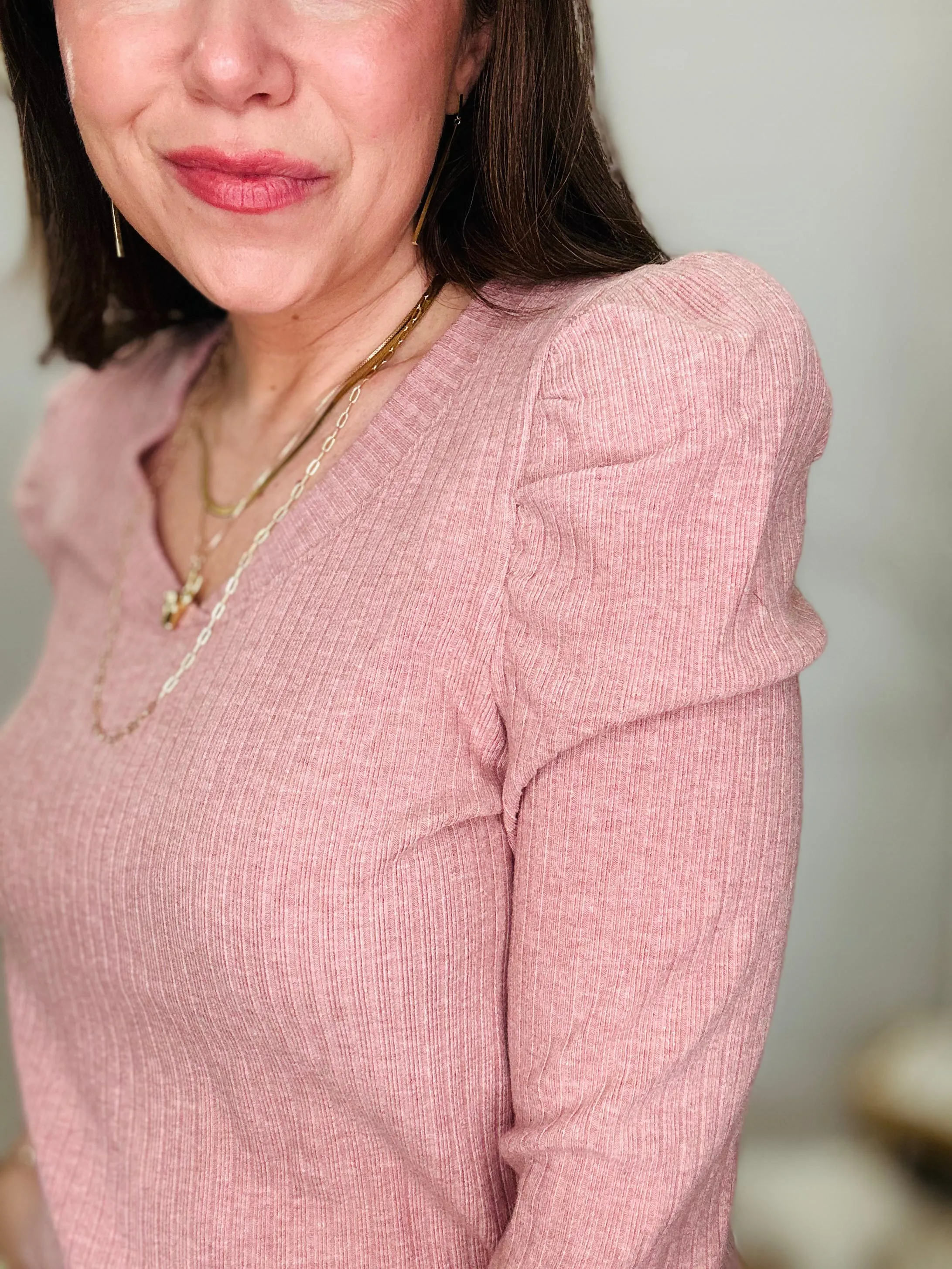 Soft Ribbed Puff-Sleeve Sweater in Blush