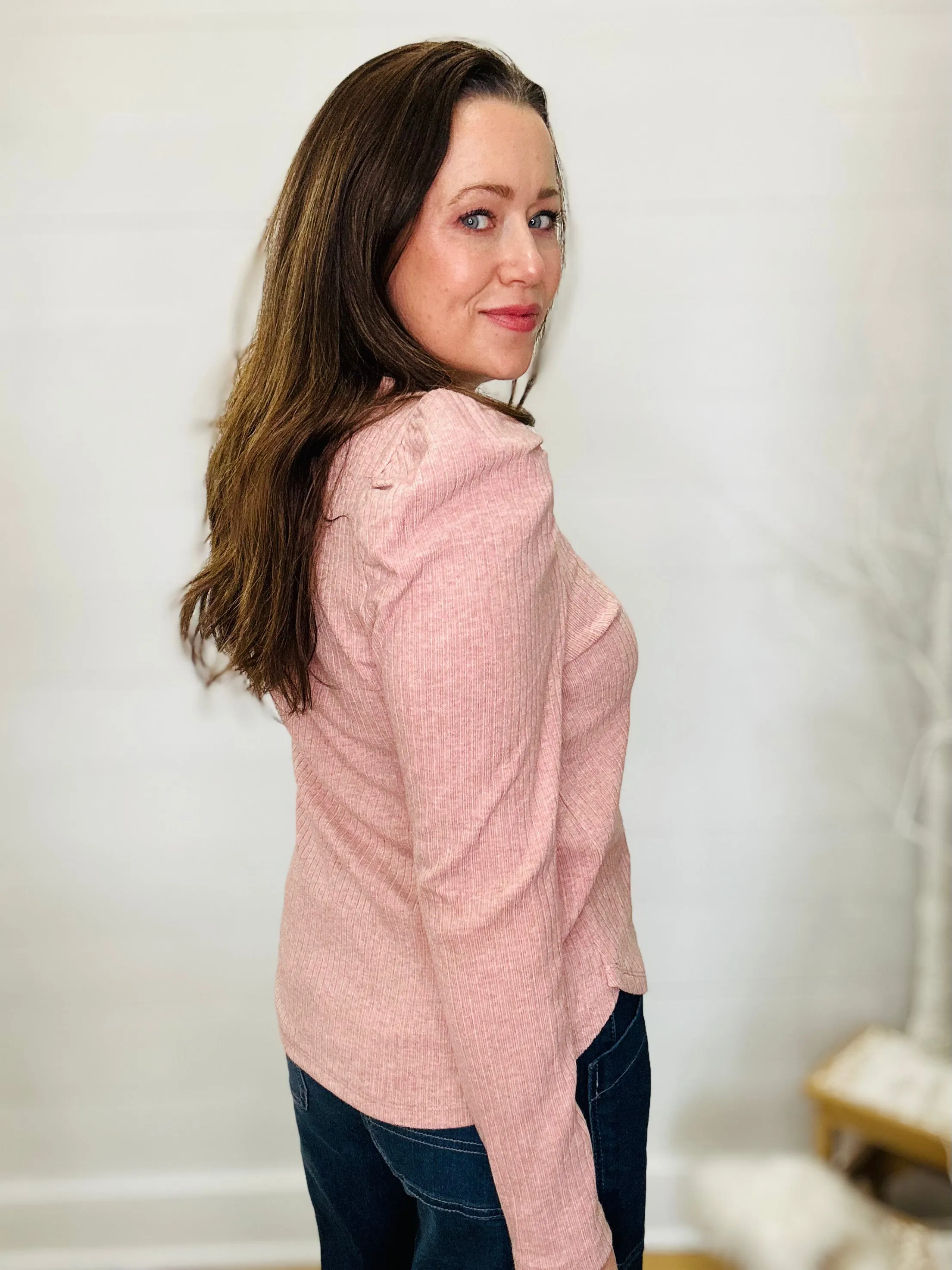 Soft Ribbed Puff-Sleeve Sweater in Blush