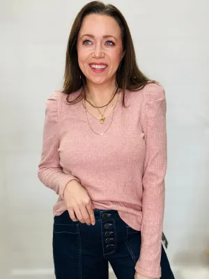 Soft Ribbed Puff-Sleeve Sweater in Blush