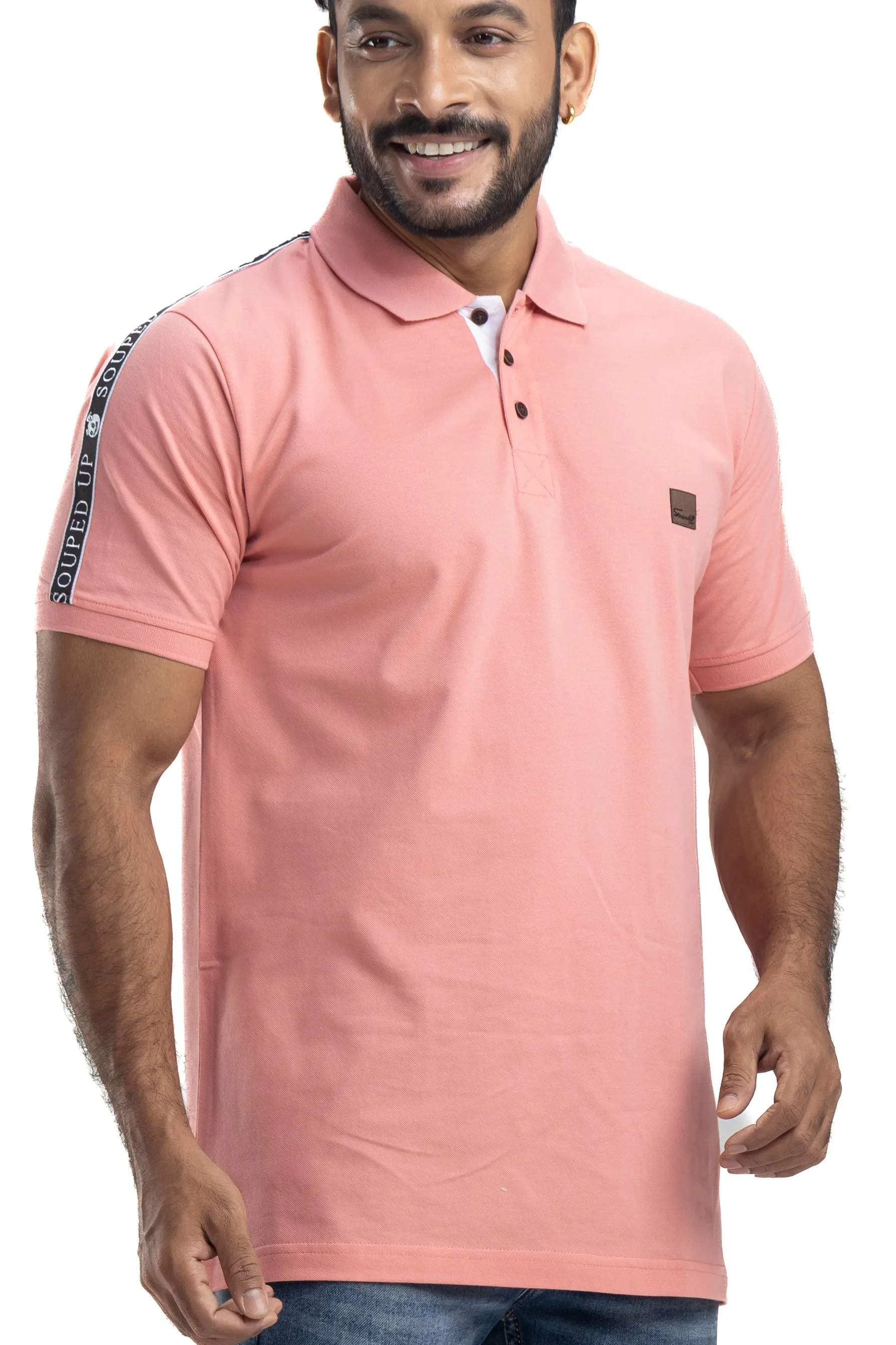 Solid Peach Half Sleeves Cotton Polo T-Shirt