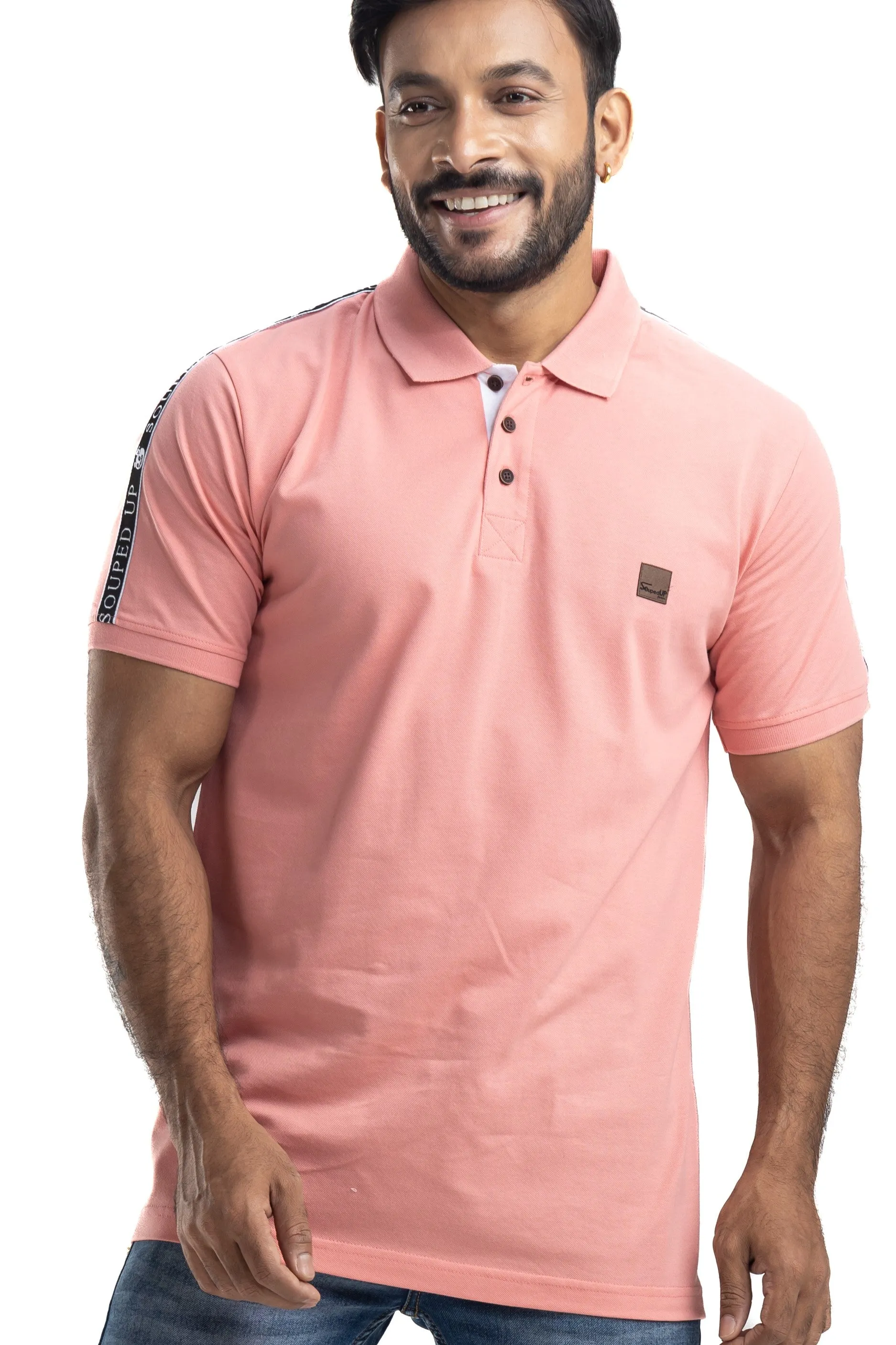 Solid Peach Half Sleeves Cotton Polo T-Shirt