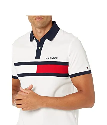 Tommy Hilfiger Men's Short Sleeve Cotton Pique Flag Polo in Regular Fit, Bright White, Large