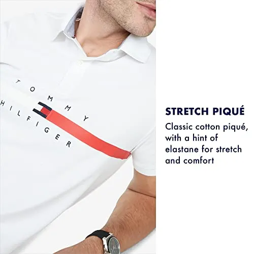 Tommy Hilfiger Men's Short Sleeve Cotton Pique Flag Polo in Regular Fit, Bright White, Large