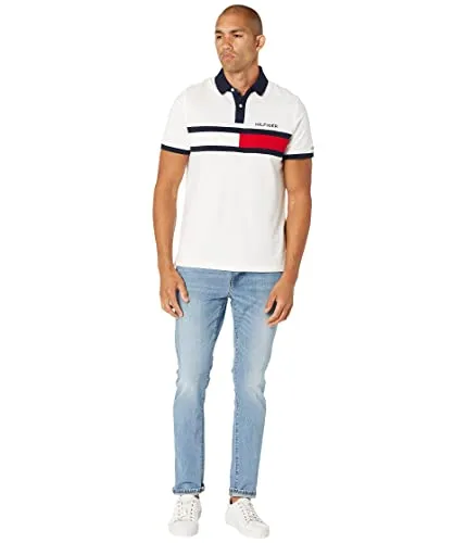 Tommy Hilfiger Men's Short Sleeve Cotton Pique Flag Polo in Regular Fit, Bright White, Large