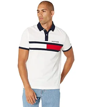 Tommy Hilfiger Men's Short Sleeve Cotton Pique Flag Polo in Regular Fit, Bright White, Large